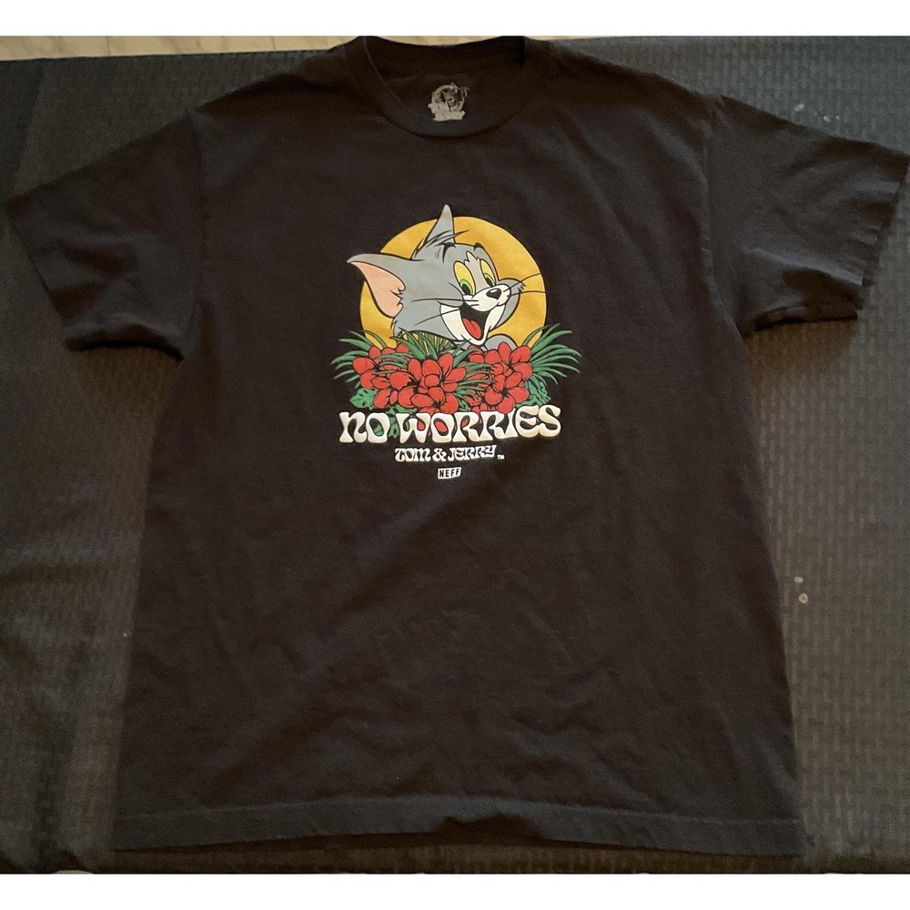 Tom & Jerry Shirt Mens Large Black Neff No Worries‎ Graphic Cartoon Short Sleeve